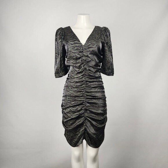 Soaked In Luxury Green Animal Print Ruched Mini Dress Size M - Picture 1 of 11